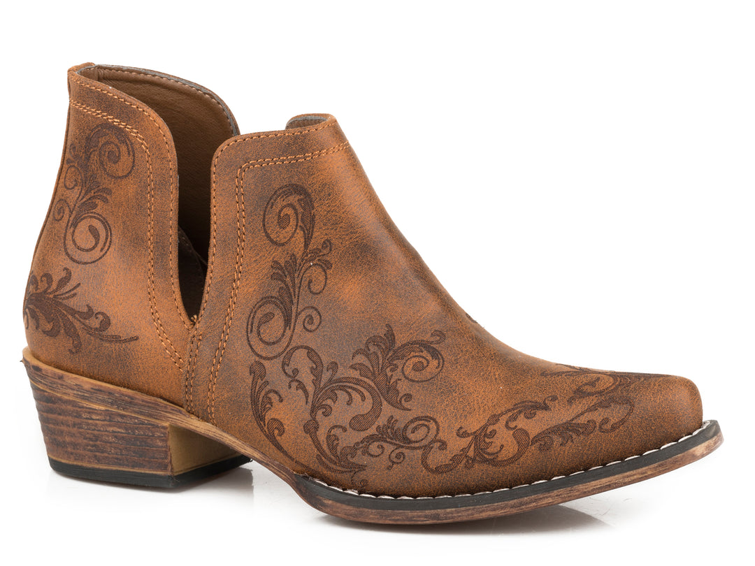 WOMENS SNIP TOE COGNAC FAUX LEATHER ANKLE BOOT