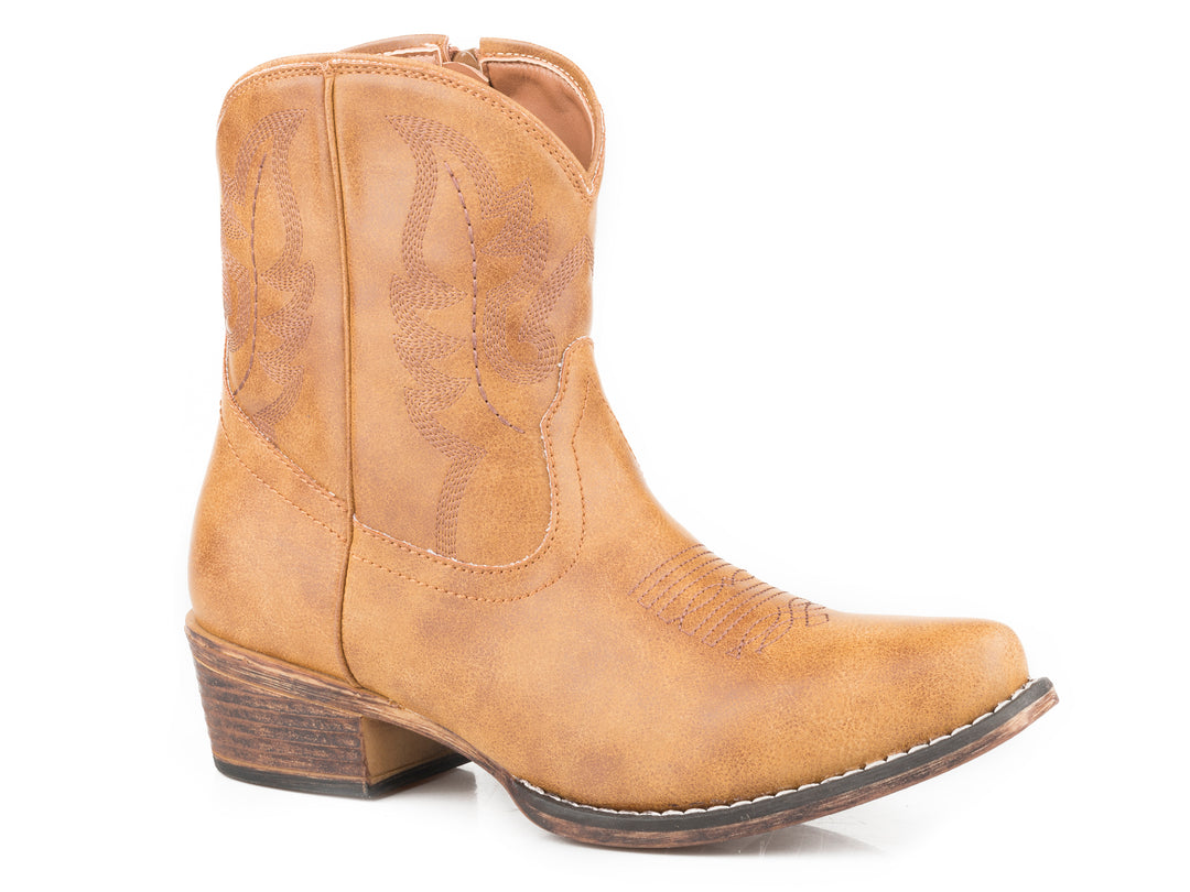 WOMENS TAN SMOOTH FAUX LEATHER SHORTY BOOT