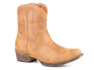 WOMENS TAN SMOOTH FAUX LEATHER SHORTY BOOT