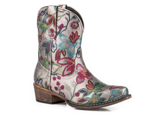 WOMENS SNIP TOE ALL OVER METALLIC FLORAL GREY PRINT SHORTY BOOT