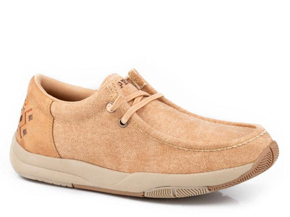 WOMENS TAN CANVAS WITH FAUX LEATHER HEEL