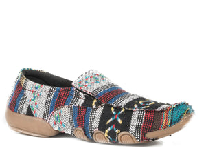 WOMENS DRIVING MOC MULTI SOUTHWEST COLOR FABRIC WITH FABRIC WRAPPED SOLE