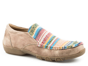 WOMENS DRIVING MOCASSIN SLIP ON BEIGE BASE WITH MULTI COLORED VAMP