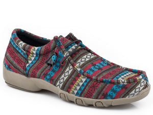WOMENS BLUE AZTEC CANVAS CHUKKA WITH TWO EYELETS  ELASTIC LACES