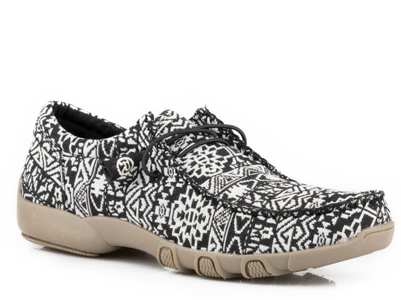WOMENS BLACK  WHITE AZTEC CANVAS CHUKKA WITH TWO EYELETS  ELASTIC LACES