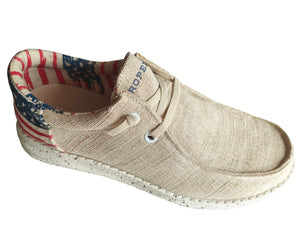 WOMENS BEIGE CANVAS WITH FLAG HEEL