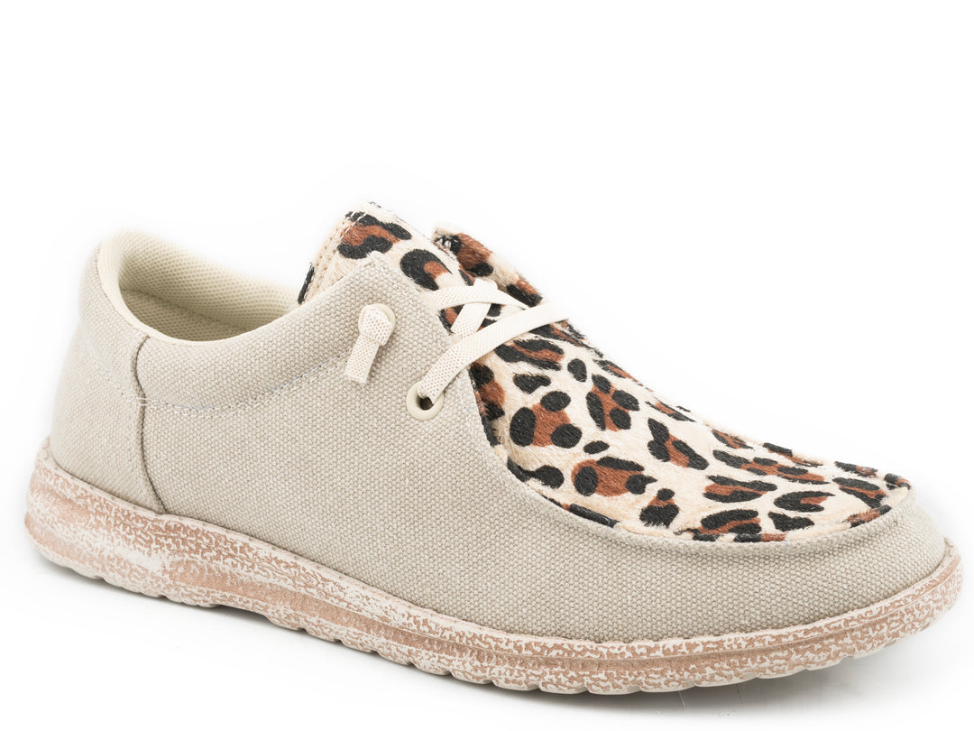 WOMENS TAN CANVAS WITH LEOPARD VAMP