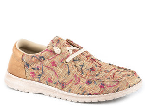 WOMENS TAN FLORAL FABRIC WITH TAN HEEL