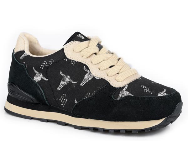 WOMENS BLACK COW SUEDE AND PRINTED CANVAS