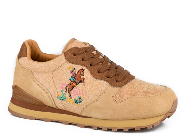 WOMENS TAN COW SUED WITH HORSE EMBROIDERY