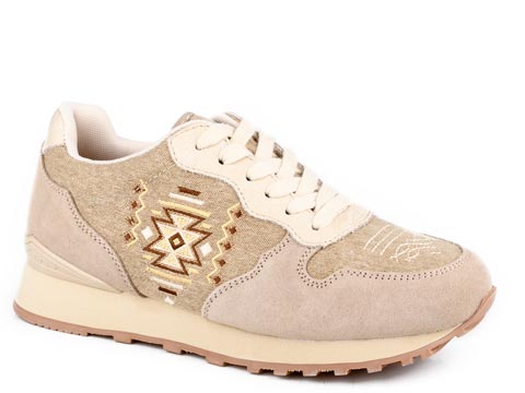 WOMENS ROPER TAUPE COW SUEDE AND AZTEC EMBROIDERY GIDDYUP SHOE