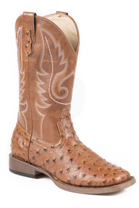 WOMENS COWBOY BOOT FAUX LEATHER TAN UPPER WITH OSTRICH PRINT VAMP