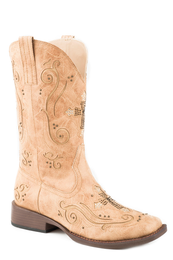 WOMENS COWBOY BOOT VINTAGE TAN FAUX LEATHER WITH INLAY CROSSES