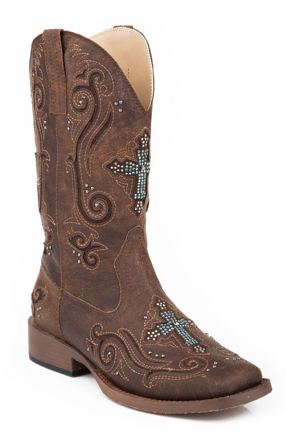 WOMENS COWBOY BOOT VINTAGE BROWN FAUX LEATHER WITH CRYSTAL AND CROSS UNDERLAY DESIGN