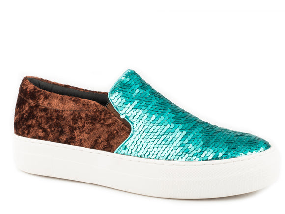 WOMENS ATHLETIC SNEAKER SLIP ON TURQUOISE AND SILVER SEQUINS ON VAMP WITH BROWN VELVET HEEL