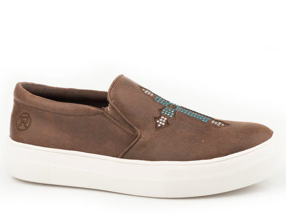 WOMENS ATHLETIC SNEAKER SLIP ON BROWN TEXTILE WITH CRYSTAL CROSS INLAY