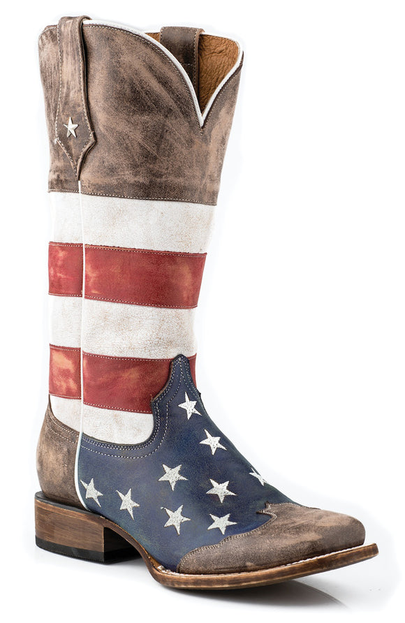 WOMENS AMERICAN FLAG LEATHER TEXAS STAR COWBOY BOOT DISTRESSED BROWN RED WHITE AND BLUE