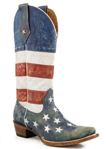 WOMENS AMERICAN FLAG LEATHER COWBOY BOOT DISTRESSED RED WHITE AND BLUE