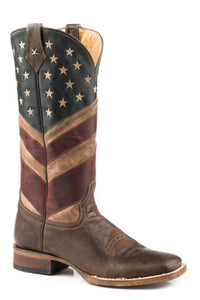 WOMENS AMERICAN FLAG LEATHER COWBOY BOOT BURNISHED TAN RED WHITE AND BLUE