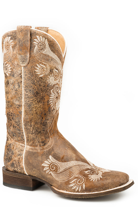WOMENS LEATHER COWBOY BOOT DISTRESSED BROWN WITH WITH ALL OVER EMBROIDERY