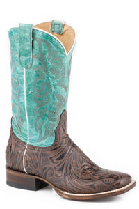 WOMENS BROWN EMBOSSED FLORAL VAMP BOOT WITH TURQUOISE SHAFT