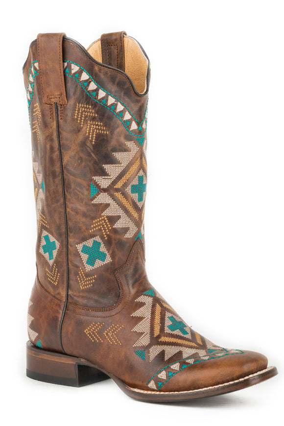 WOMENS LEATHER COWBOY BOOT BURNISHED TAN WITH ALL OVER SOUTHWEST EMBROIDERY