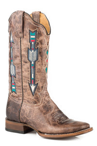 WOMENS LEATHER COWBOY BOOT WAXY BROWN WITH EMBROIDERED ARROW UNDERLAY DESIGN