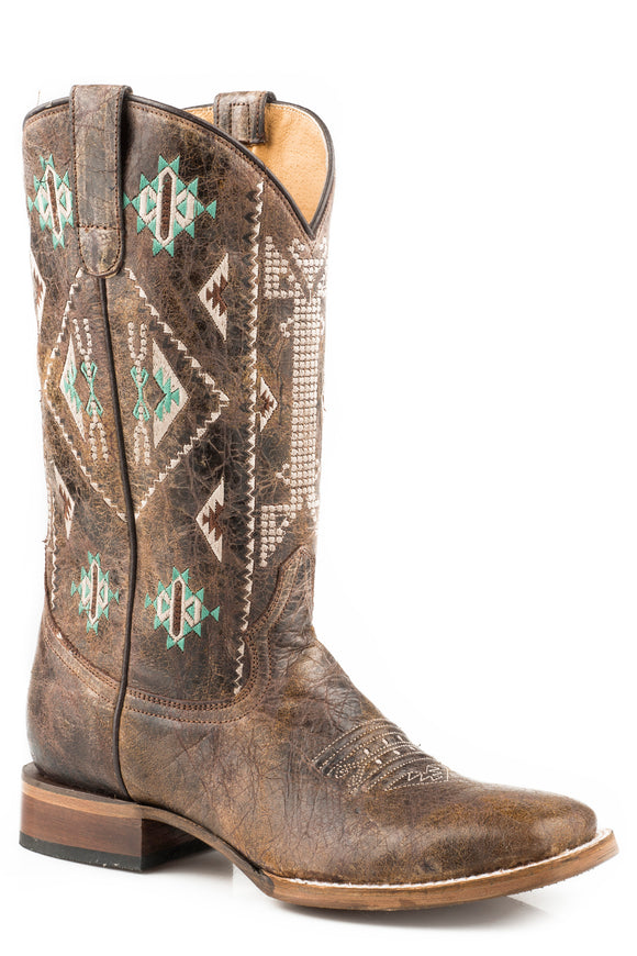 WOMENS LEATHER COWBOY BOOT WAXY BROWN WITH EMBROIDERED AZTEC DESIGN