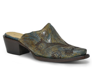 WOMENS RUSTIC TURQUOISE  BROWN LEATHER MULE WITH EMBROIDERY