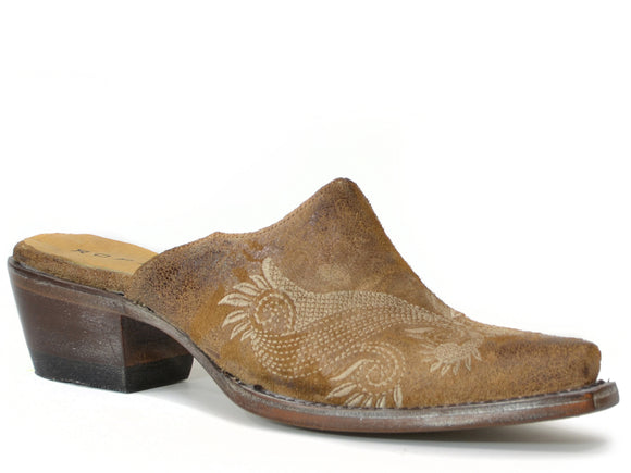 WOMENS VINTAGE BROWN LEATHER MULE WITH EMBROIDERY