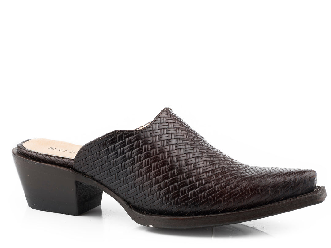 WOMENS EMBOSSED BROWN BASKETWEAVE LEATHER