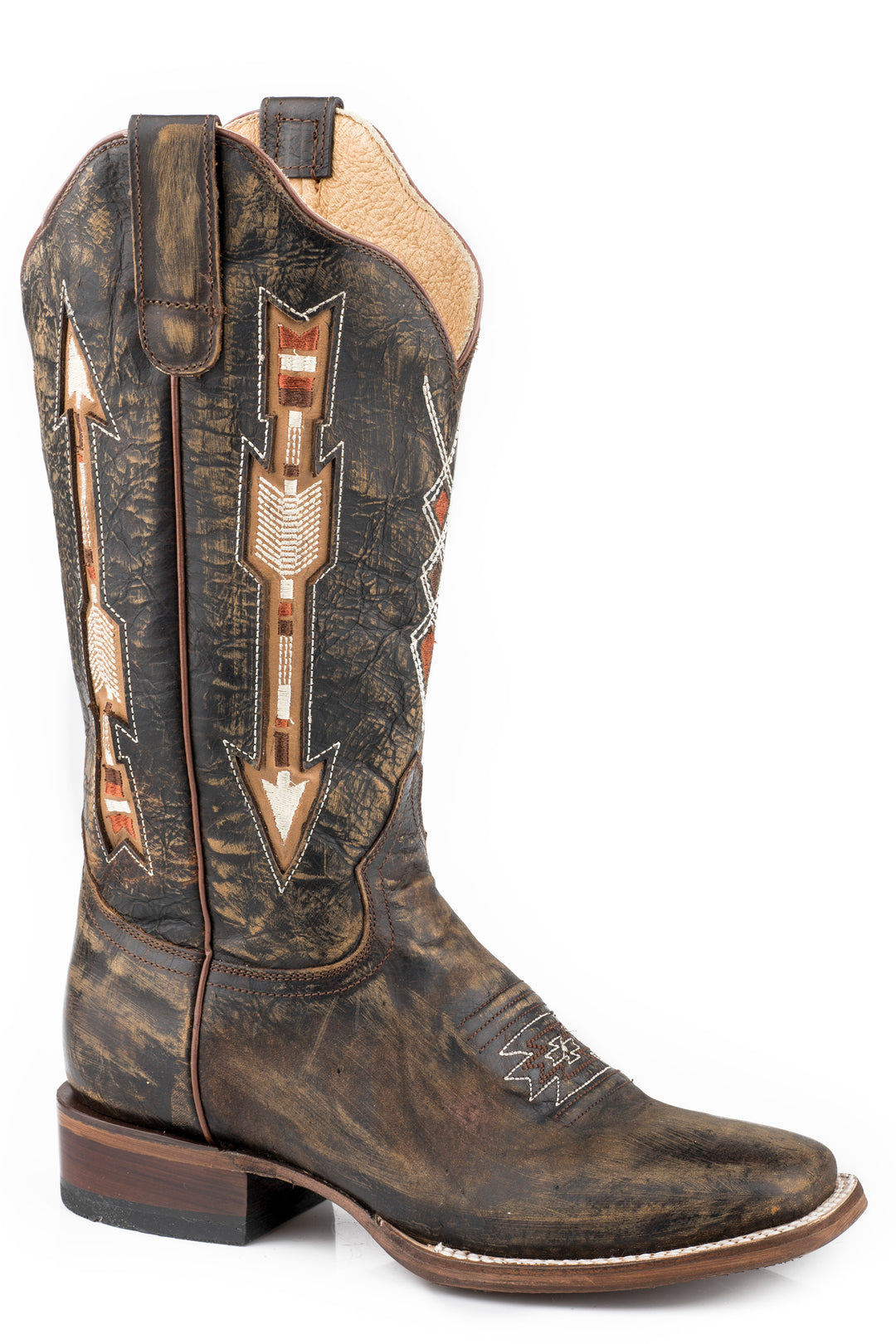 WOMENS VINTAGE BROWN LEATHER VAMP  SHAFT FLEXTRA BOOT WITH INLAYED ARROW DESIGN ON SHAFT