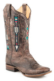 WOMENS WIDE CALF LEATHER COWBOY BOOT WAXY BROWN WITH EMBROIDERED ARROW UNDERLAY DESIGN