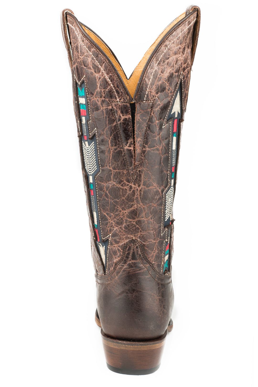 WOMENS WIDE CALF LEATHER COWBOY BOOT WAXY BROWN WITH EMBROIDERED ARROW UNDERLAY DESIGN