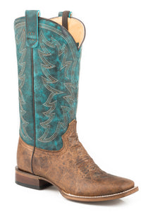WOMENS CONCEALED CARRY LEATHER COWBOY BOOT VINTAGE BROWN VAMP WITH EMBROIDERED TURQUOISE UPPER