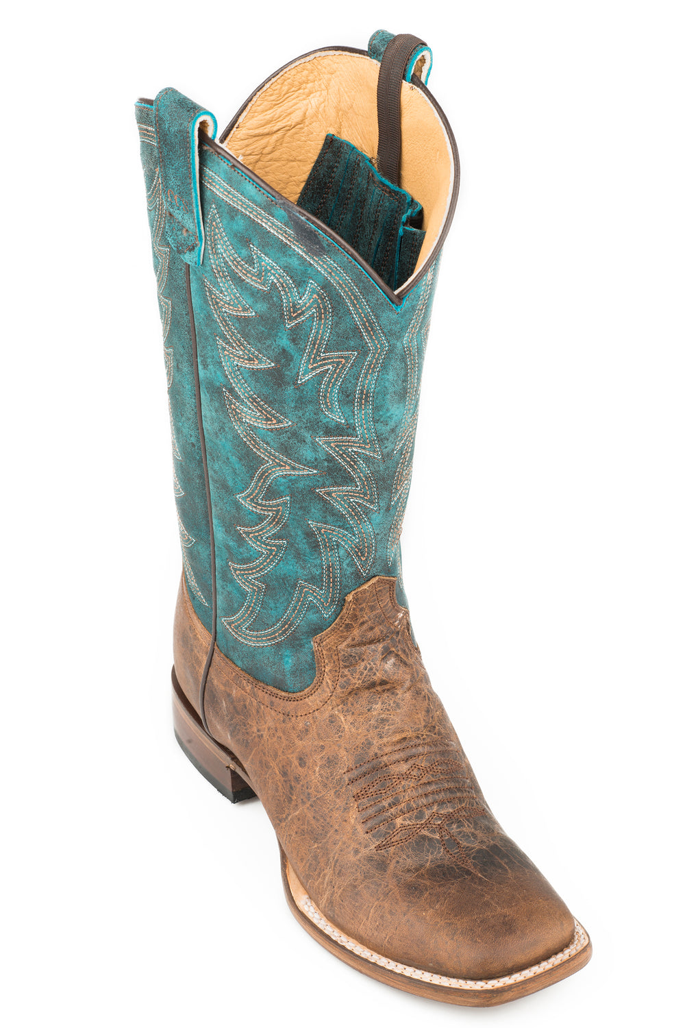WOMENS CONCEALED CARRY LEATHER COWBOY BOOT VINTAGE BROWN VAMP WITH EMBROIDERED TURQUOISE UPPER