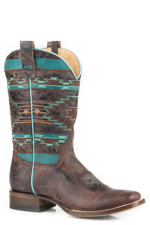WOMENS BROWN LEATHER VAMP  SHAFT BOOT WITH NATIVE EMBROIDERED SHAFT-SIDEWINDER