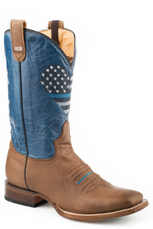 WOMENS CONCEALED CARRY LEATHER COWBOY BOOT BURNISHED BROWN VAMP MARBLED BLUE UPPER WITH THIN BLUE LINE EMBROIDERY