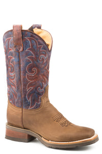 WOMENS CONCEALED CARRY LEATHER COWBOY BOOT OILED BROWN VAMP WITH BITONE ORANGE AND BLUE UPPER