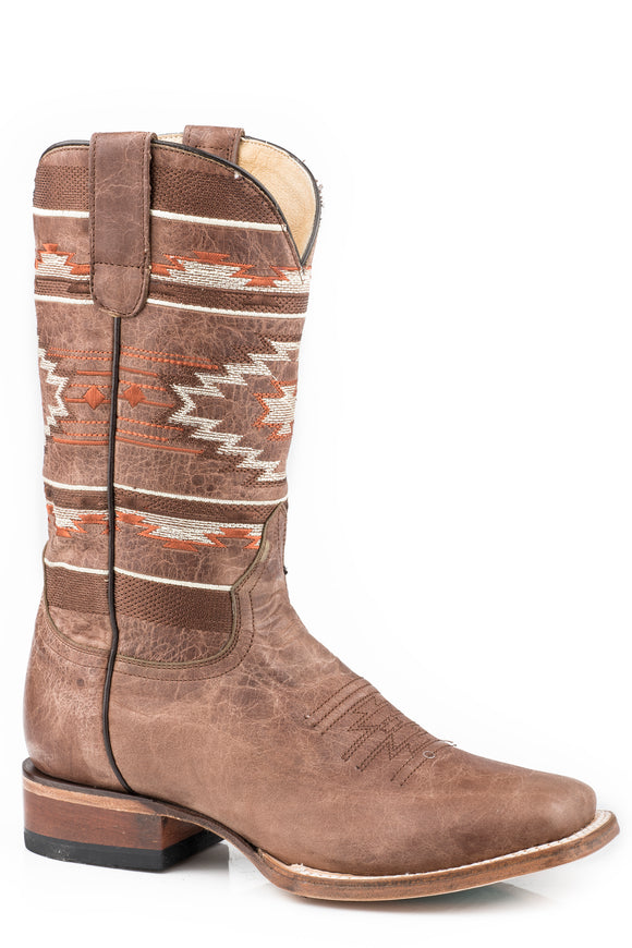 WOMENS TAN LEATHER VAMP  SHAFT BOOT WITH AZTEC EMBROIDERY ON SHAFT
