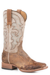 WOMENS TAN VAMP WITH TOOLED WINGTIP BOOT WITH DISTRESSED WHITE SHAFT