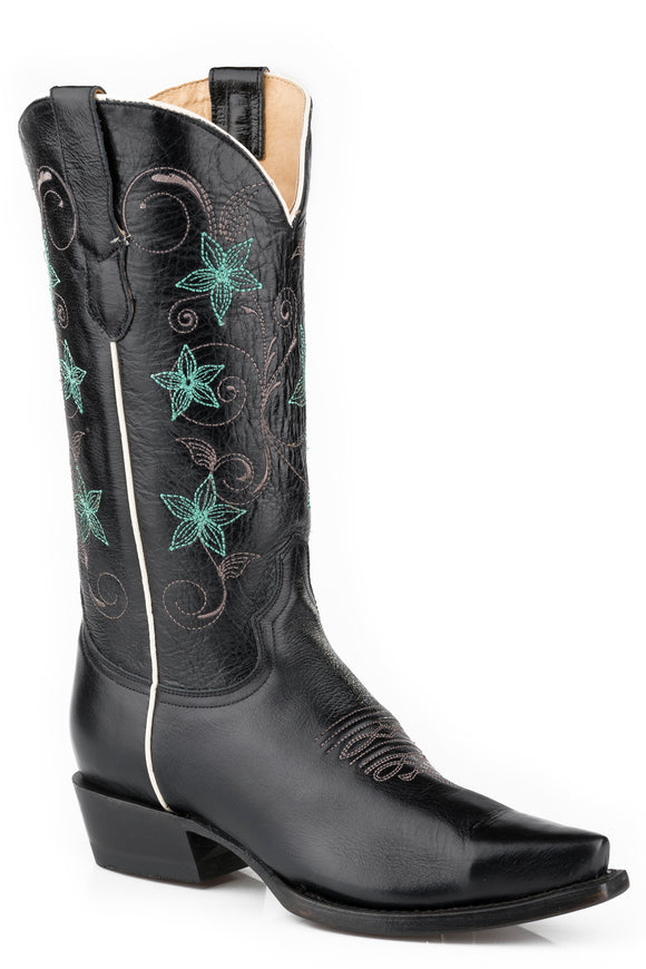 WOMENS MARBLED BLACK LEATHER VAMP  SHAFT BOOT WITH EMBROIDERED FLORAL SHAFT