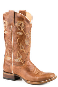 WOMENS LEATHER COWBOY BOOT MARBLED BROWN WITH ROSE EMBROIDERY ON UPPER