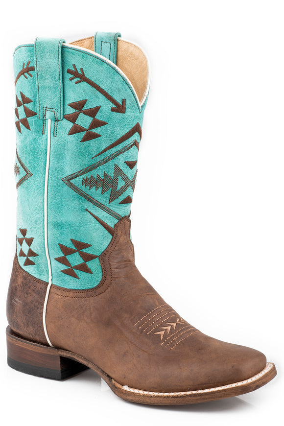 WOMENS BURNISHED BROWN LEATHER VAMP BOOT WITH NATIVE EMBROIDERED TURQUOISE SHAFT