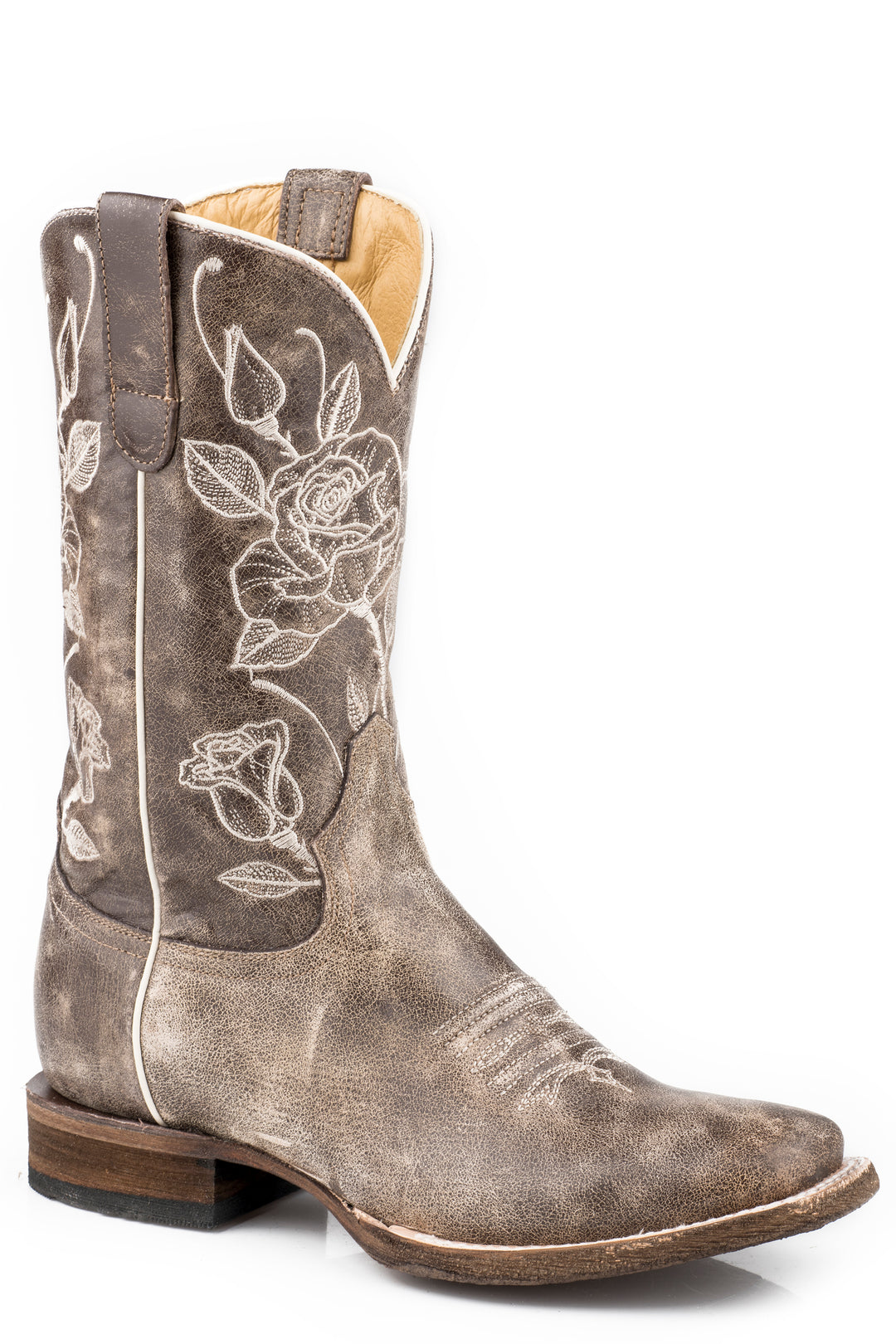 WOMENS VINTAGE BROWN LEATHER VAMP  SHAFT BOOT WITH FLOWER EMBROIDERY DESIGN