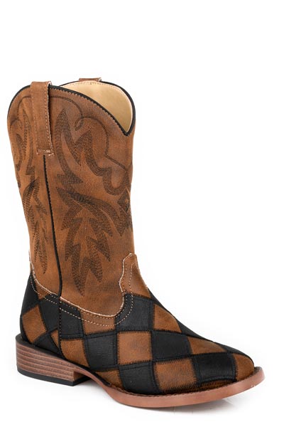 BIG BOYS BLACK AND TAN FAUX LEATHER PATCHWORK VAMP