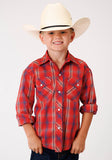 BOYS RED BLUE TAN AND WHITE PLAID LONG SLEEVE SNAP WESTERN SHIRT