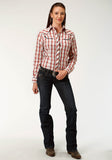 WOMENS RED BLACK AND TAN PLAID LONG SLEEVE SNAP WESTERN SHIRT