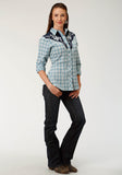 WOMENS TURQUOISE NAVY AND CREAM PLAID LONG SLEEVE SNAP WESTERN SHIRT